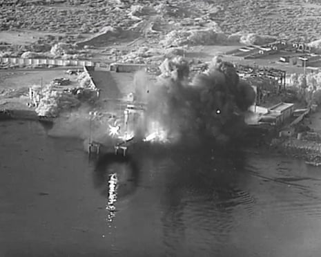 An explosion at Bandar Abbas naval base in Iran as US attack drones hit.Photograph: US Central Command/AP