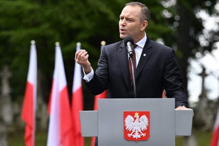 The Polish president, Karol Nawrocki, speaks at an event in Radruz, Poland, on Saturday to mark the 83rd anniversary of the Volhynia massacre.Photograph: Darek Delmanowicz/EPA
