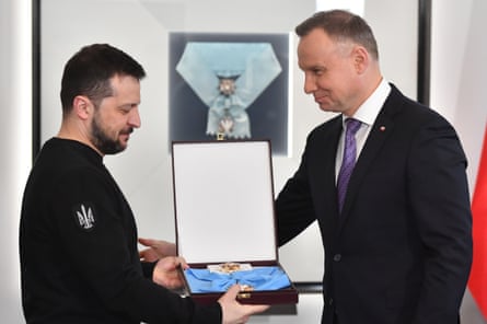 Poland’s then president, Andrzej Duda, presented Zelenskyy with the Order of the White Eagle in April 2023.Photograph: Radek Pietruszka/EPA