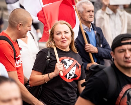 Protesters in Warsaw commemorating the Volhynia massacre wear T-shirts showing their opposition to Stepan Bandera.Photograph: Marek Antoni Iwańczuk/NurPhoto/Shutterstock