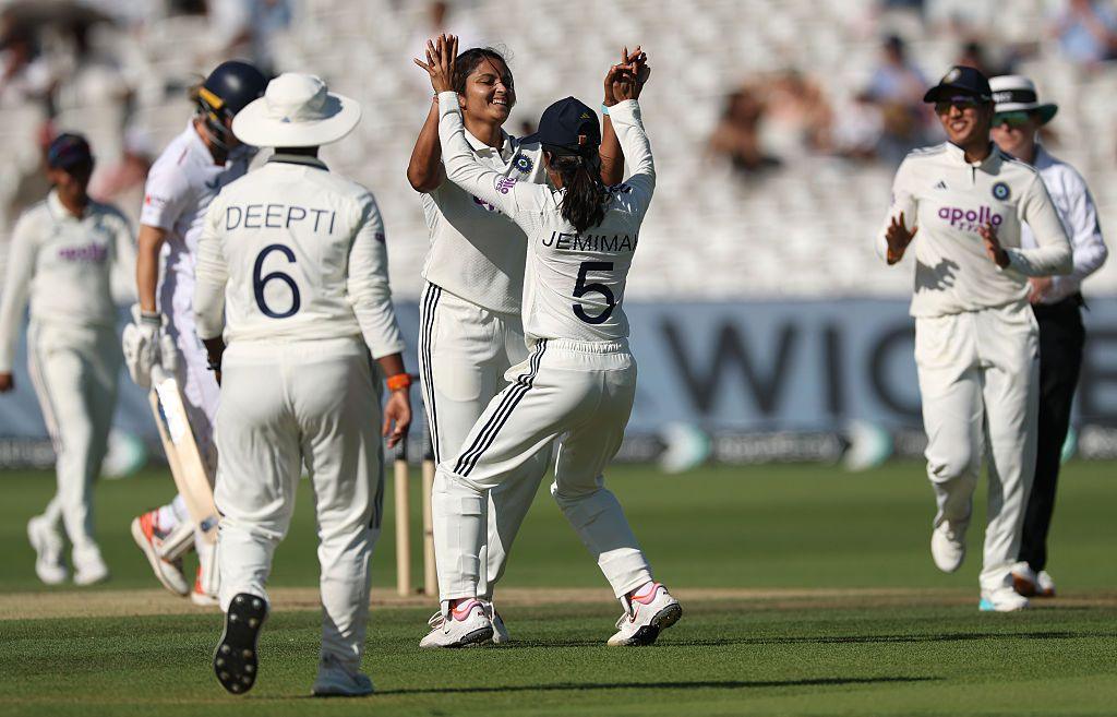 Image caption,India bowler Sayali Satghare celebrates the wicket of England batter Alice Capsey