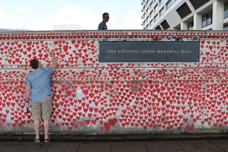 The Covid memorial wall in London. Members of a group representing bereaved families told the inquiry they believed inadequate PPE and equipment was a factor in their relatives’ contracting Covid and dying.Photograph: Andy Hall/The Observer