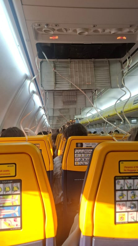 The interior of the Ryanair aircraft, in another picture obtained from social media. Oxygen masks dropped after the cabin became depressurised.Photograph: Despoina Papapavlou/Reuters