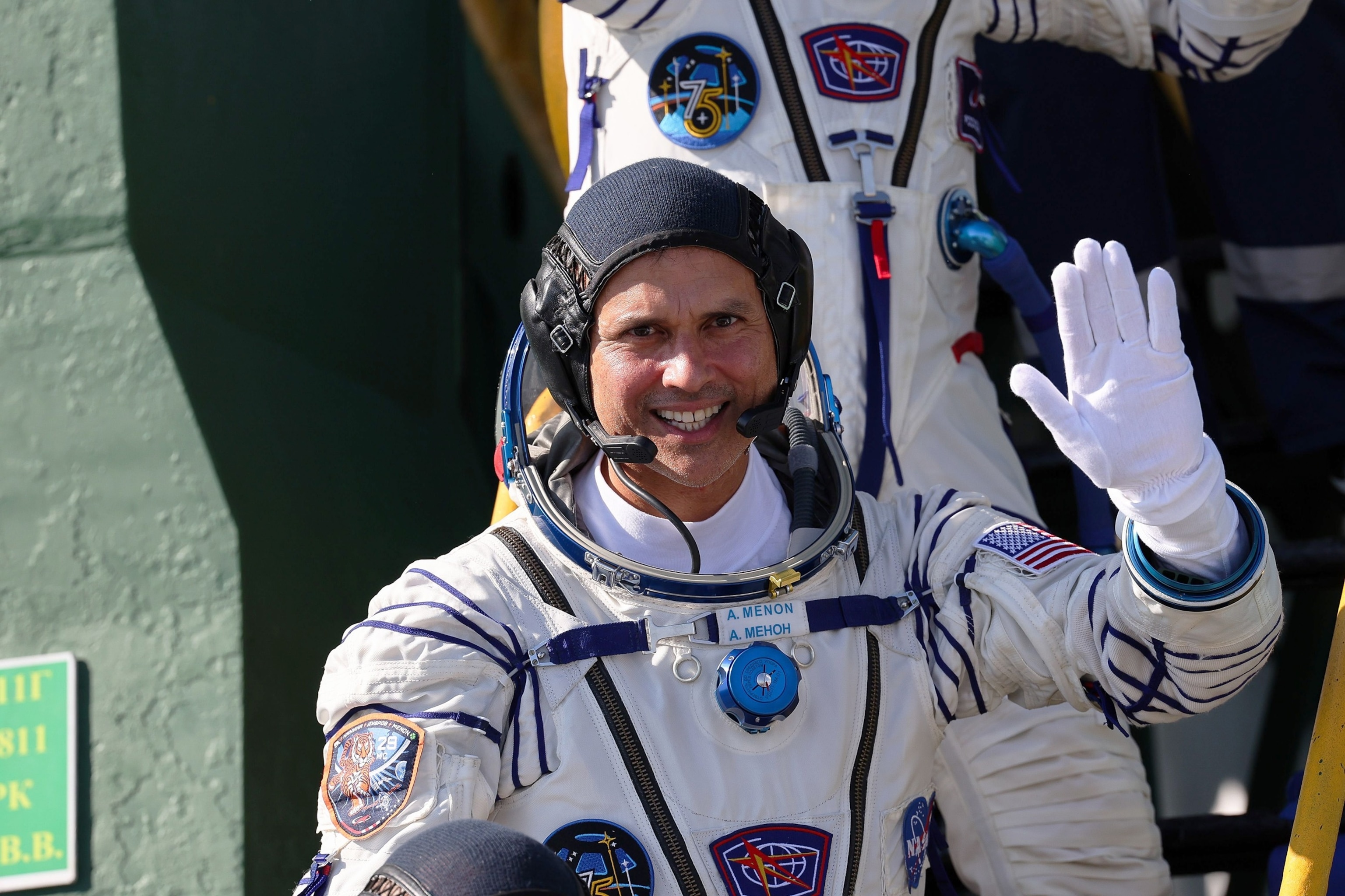 Crew members NASA astronaut Anil Menon, and Roscosmos cosmonauts Pyotr Dubrov and Anna Kikina attend a send-off ceremony before the launch of the Soyuz MS-29 spacecraft at the Baikonur cosmodrome in Baikonur, Kazakhstan, July 14, 2026.Maxim Shipenkov via Reuters