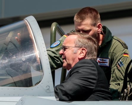Boris Pistorius, the German defence minister, in the cockpit of a Eurofighter Typhoon 30-90 jet in Wittmund, north Germany, this month.Photograph: Focke Strangmann/AFP/Getty Images