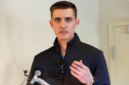 Internet activist Jacob Wohl speaks during a news conference in 2018.Photograph: Joshua Roberts/Reuters