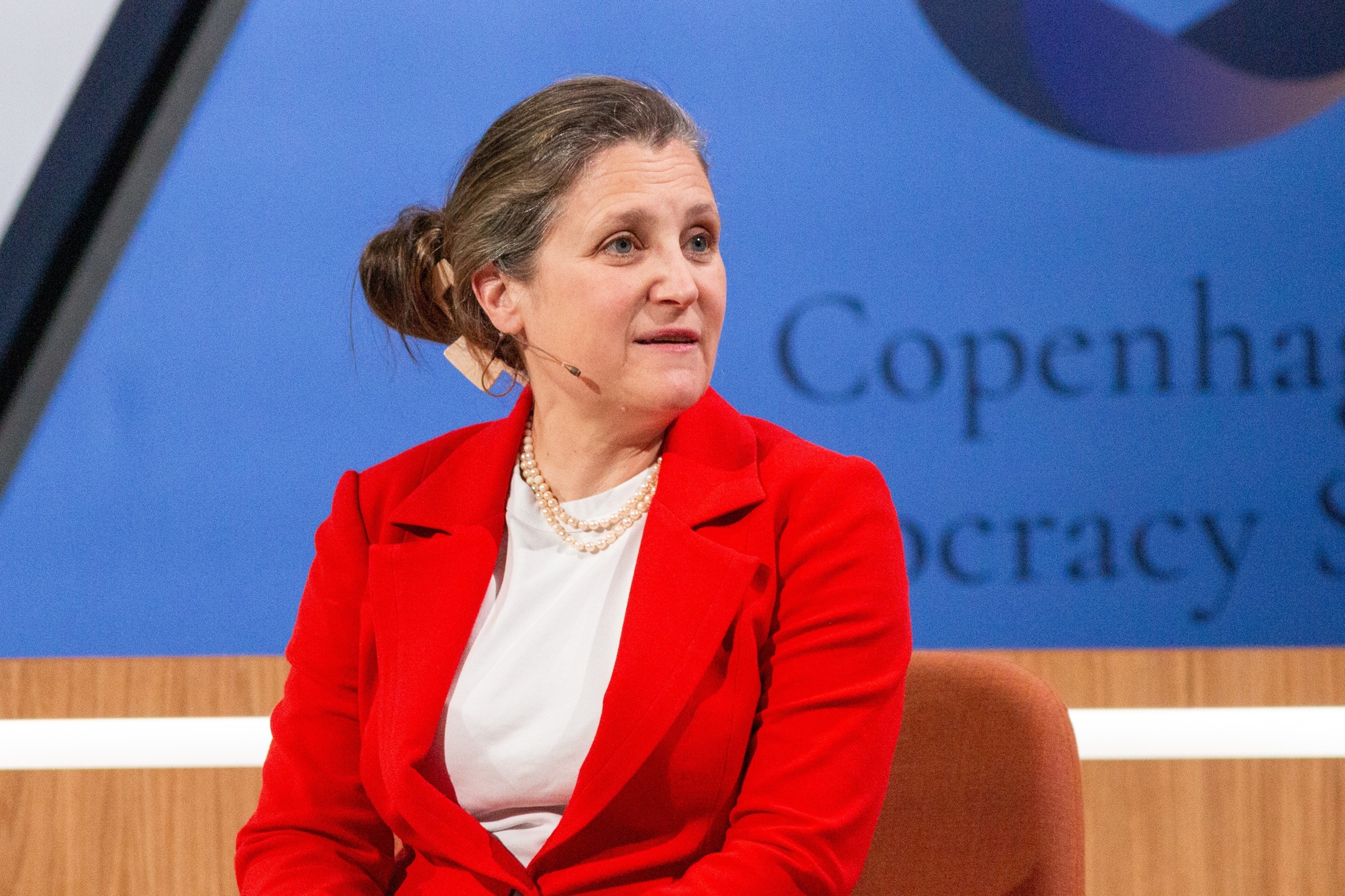 Former Canadian Deputy Prime Minister Chrystia Freeland is pictured during the Copenhagen Democracy Summit at the Royal Danish Playhouse in Copenhagen, Denmark, on May 12, 2026.Nurphoto/NurPhoto via Getty Images