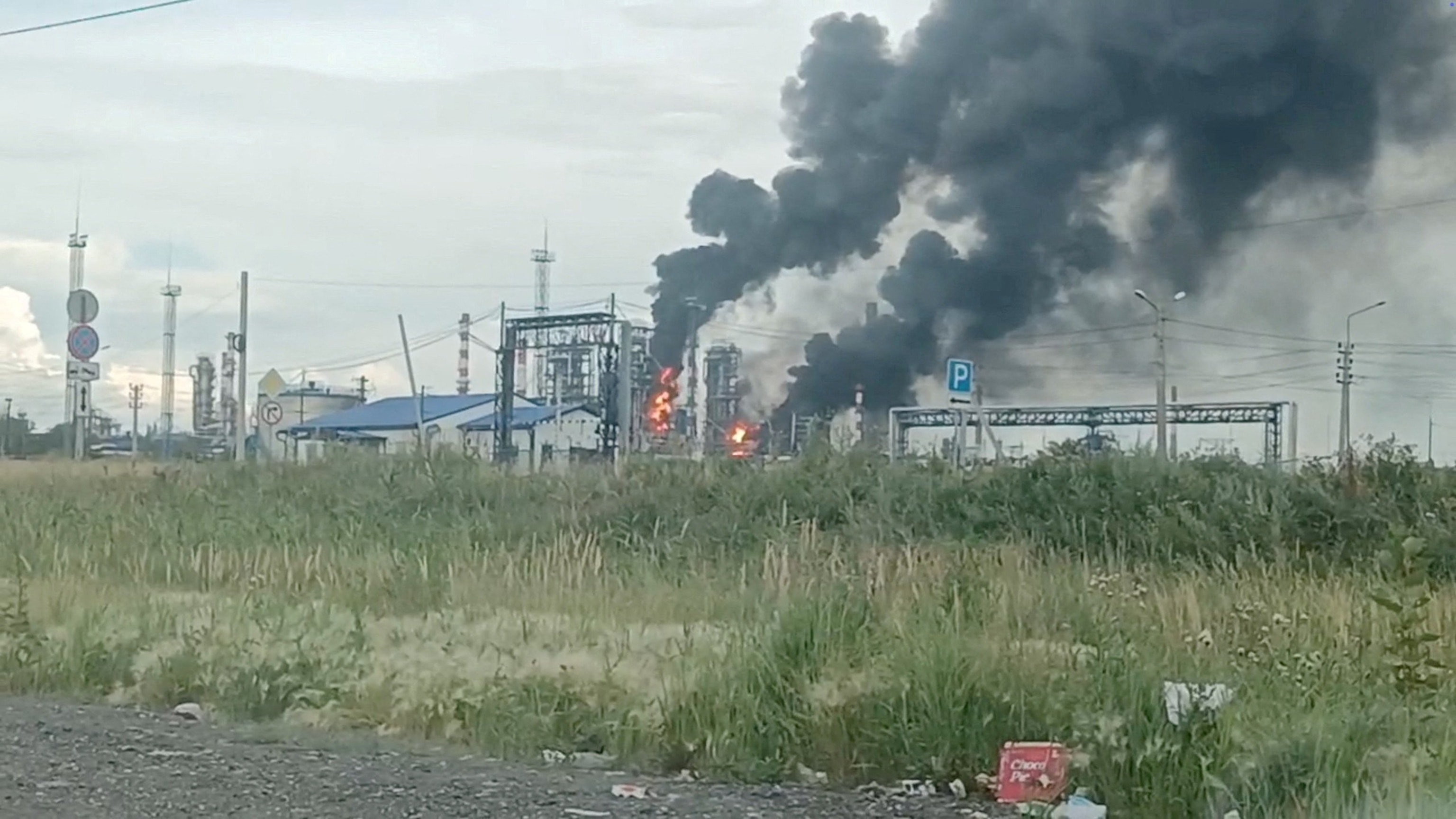 This photo shows fires at the Omsk oil refinery after the region's governor says the province came under attack from Ukrainian drones, in Omsk, Russia, on July 6, 2026.Social Media/SOCIAL MEDIA via Reuters