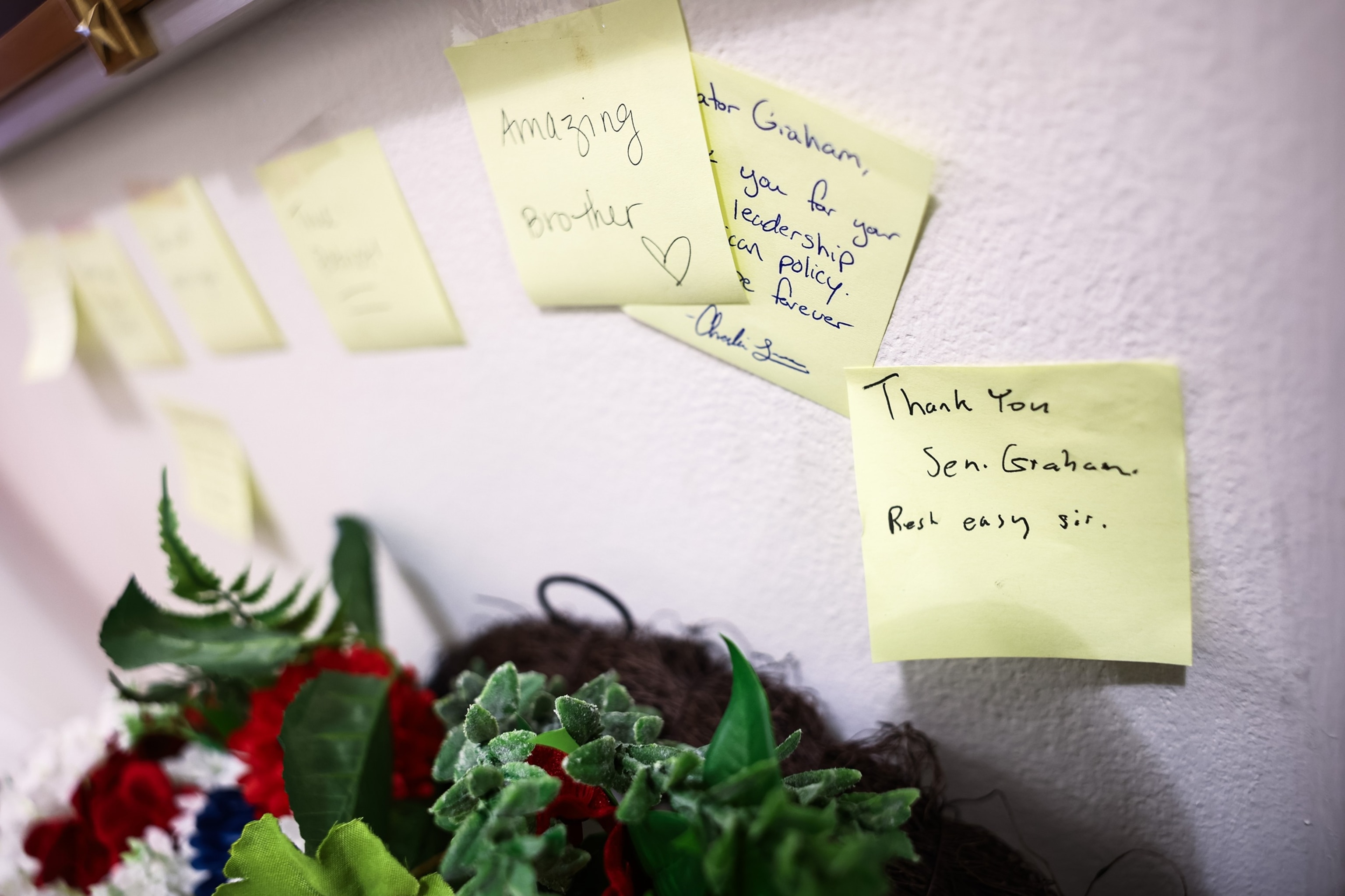Notes are posted at the office of Sen. Lindsey Graham in the Russell Senate Office Building on Capitol Hill in Washington, July 13, 2026, after the sudden death of Graham.Finn Gomez/Getty Images