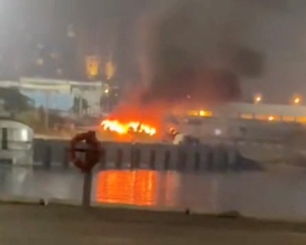 A fire burns at the port of Kish Island in Iran, in an image taken from a social media video released on Tuesday.Photograph: Reuters