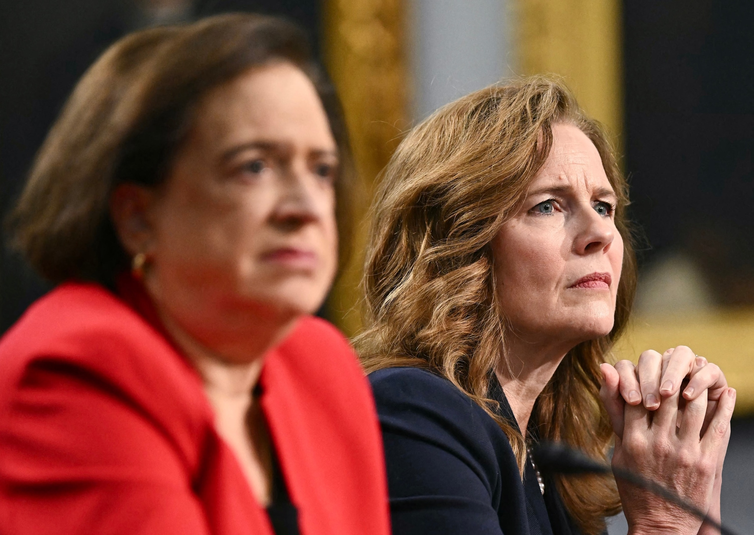Supreme Court Justices Elena Kagan and Amy Coney Barrett testify before the House Appropriations Committee on Capitol Hill, July 14, 2026 in Washington.Kent Nishimura/AFP via Getty Images