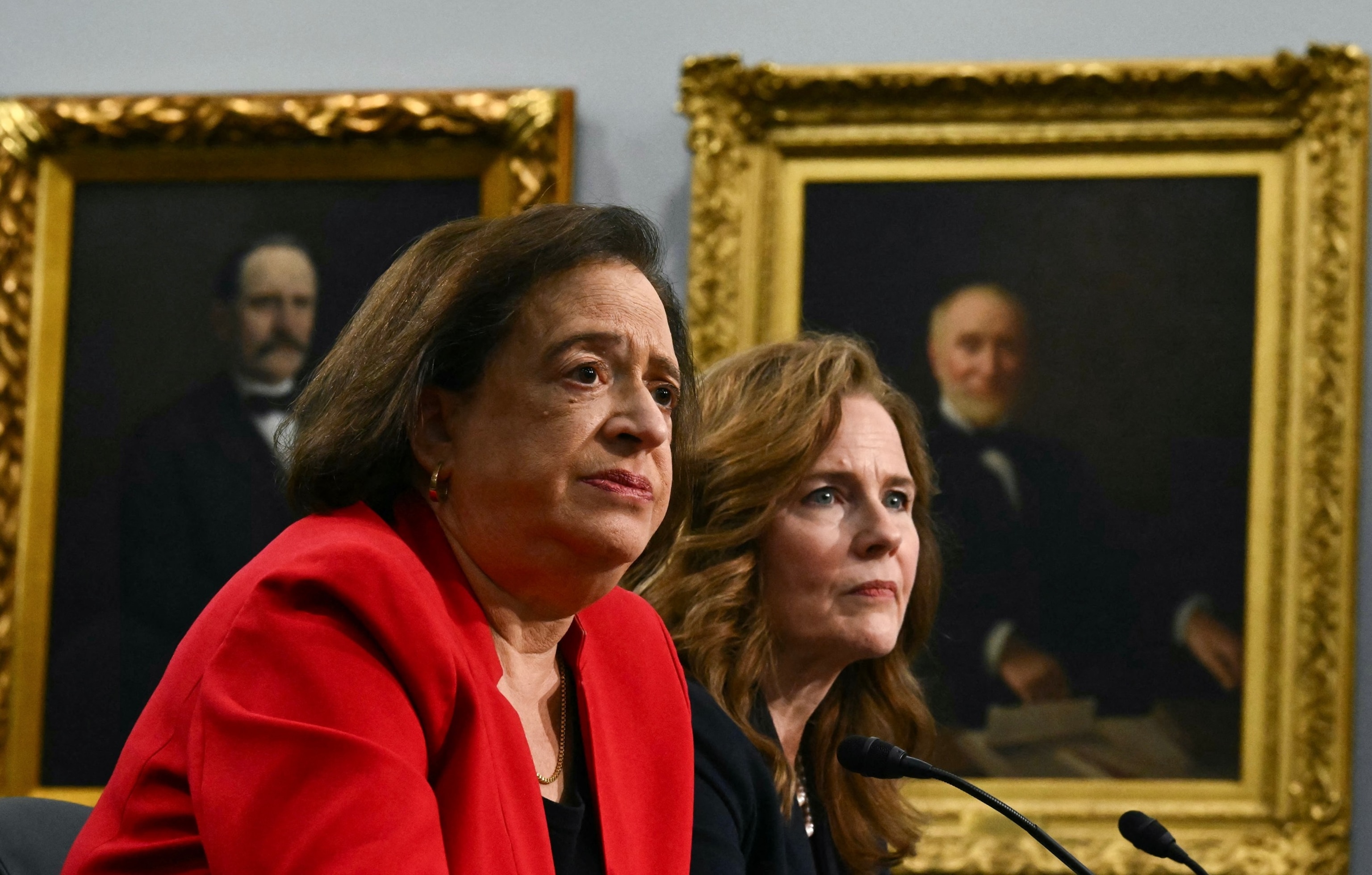 Supreme Court Justices Elena Kagan and Amy Coney Barrett testify before the House Appropriations Committee on Capitol Hill, July 14, 2026 in Washington.Kent Nishimura/AFP via Getty Images