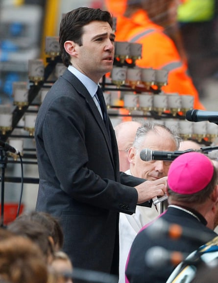 Burnham speaks on the 20th anniversary of the Hillsborough disaster at Liverpool’s Anfield stadium, 15 April 2009.Photograph: Reuters/Alamy