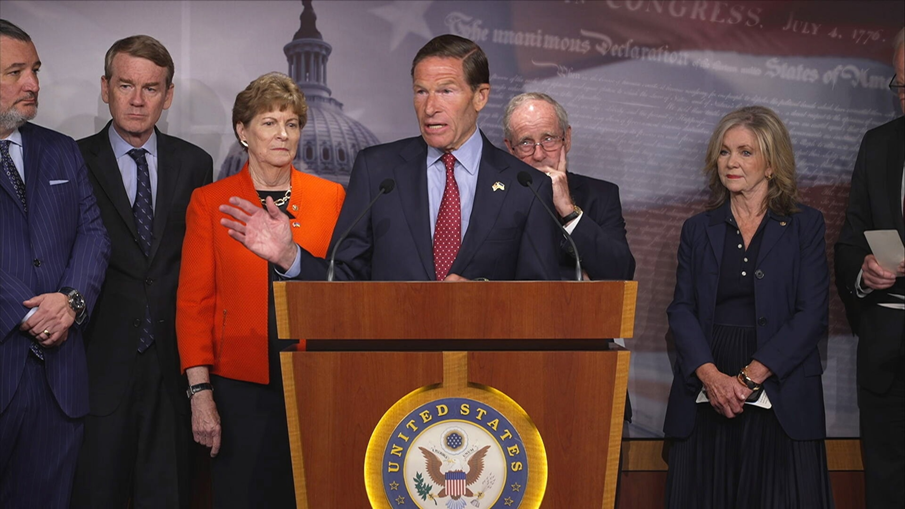 Senator Richard Blumenthal speaks during a press conferent at the US Capitol, in Washington, D.C., on June 23, 2026.Pool via ABC News