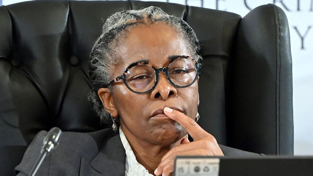 Image caption,Sesi Baloyi is one of the three commissioners who has been listening to the months' of testimony