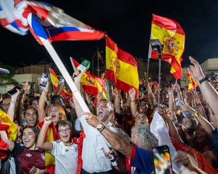 British and Spanish nationals celebrate the end of border controls as the Gibraltar treaty took effect at midnight.Photograph: Marcos Moreno/AP