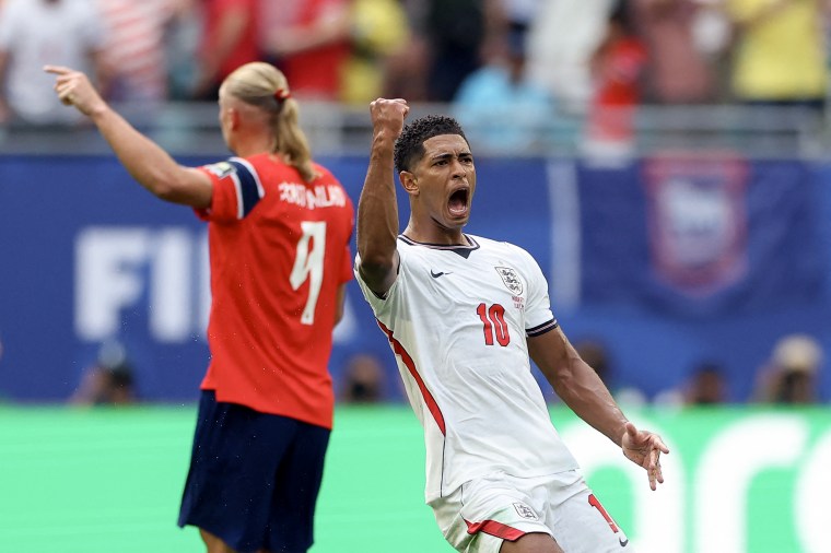 England's Jude Bellingham celebrates after scoring against Norway,Patricia de Melo Moreira / AFP via Getty Images