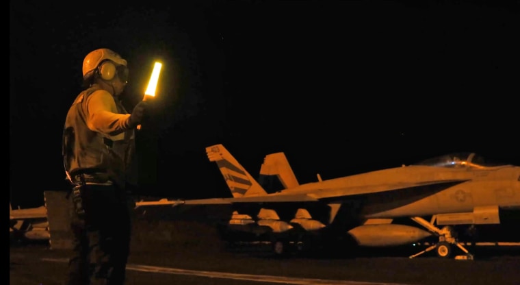 An aircraft prepares to launch as U.S. Central Command forces strike Iranian military targets in footage released on July 12, 2026.U.S. Central Command