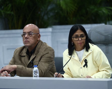Delcy Rodríguez, speaks alongside her brother, Jorge, about the government’s response to the twin earthquakes.Photograph: Lucas Aguayo/AFP/Getty Images