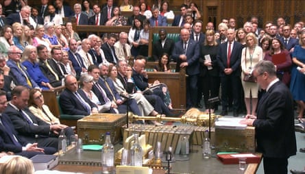 Keir Starmer addresses a packed Commons chamber during PMQs on Wednesday.Photograph: UK Parliament/PA