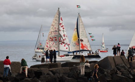 Small boats in the flotilla leaving a port in southern Italy, setting sail for Gaza.Photograph: Orietta Scardino/EPA