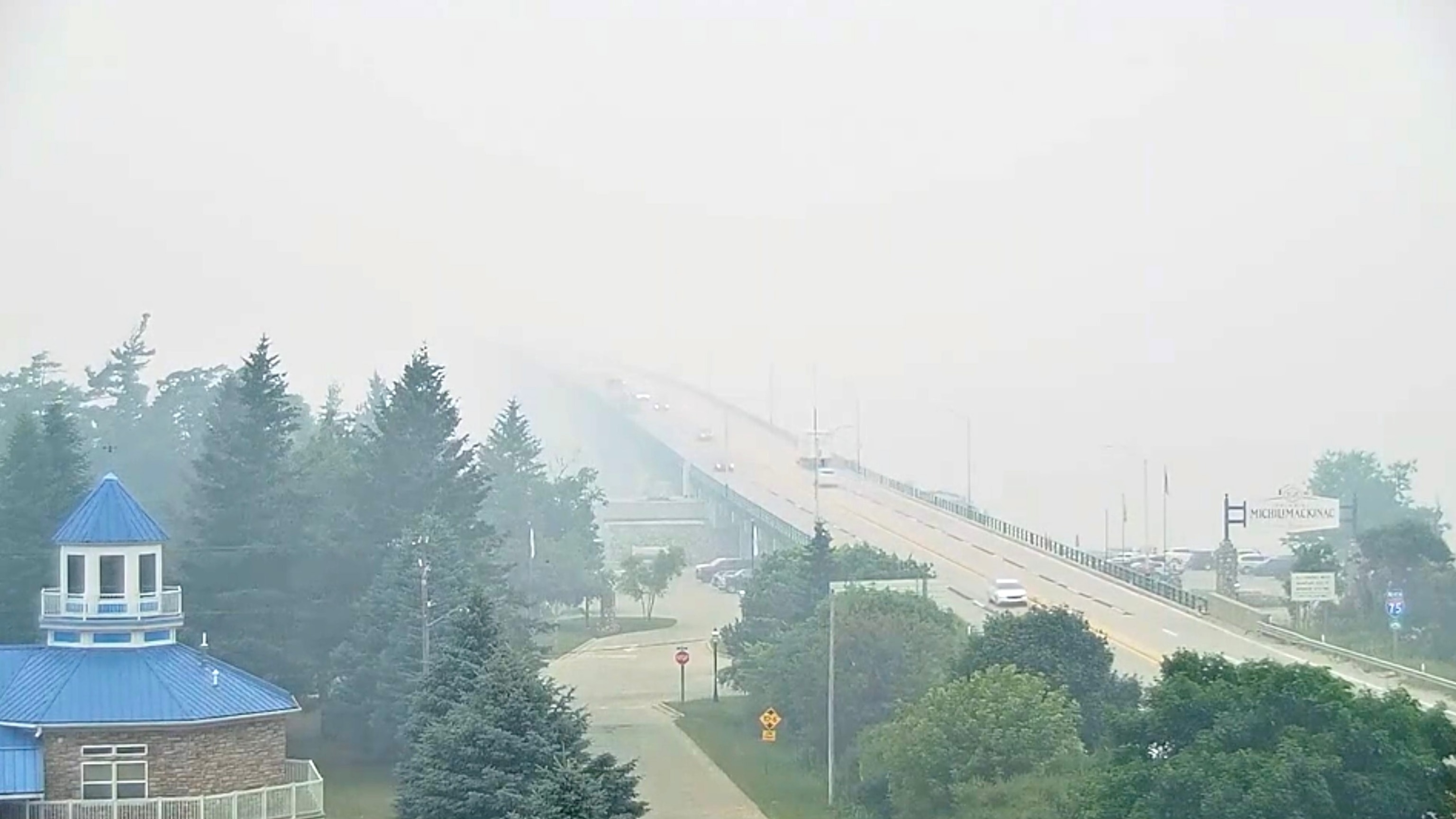 The Mackinac Bridge in Michigan experienced heavy haze from wildfire smoke on July 15, 2026.WGTU