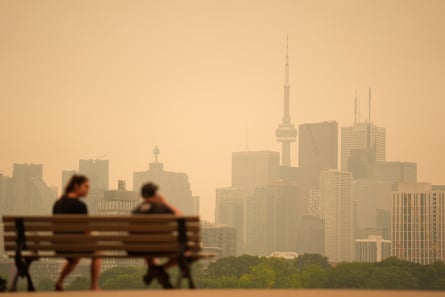 The hazy Toronto skyline on Wednesday.Photograph: Anadolu/Getty Images