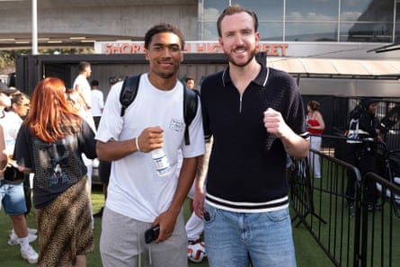 Michael Manneh, a contestant in the Jude Bellingham lookalike competition, stands with Harry Kane lookalike Danny McLaughlin.Photograph: Maja Smiejkowska/PA