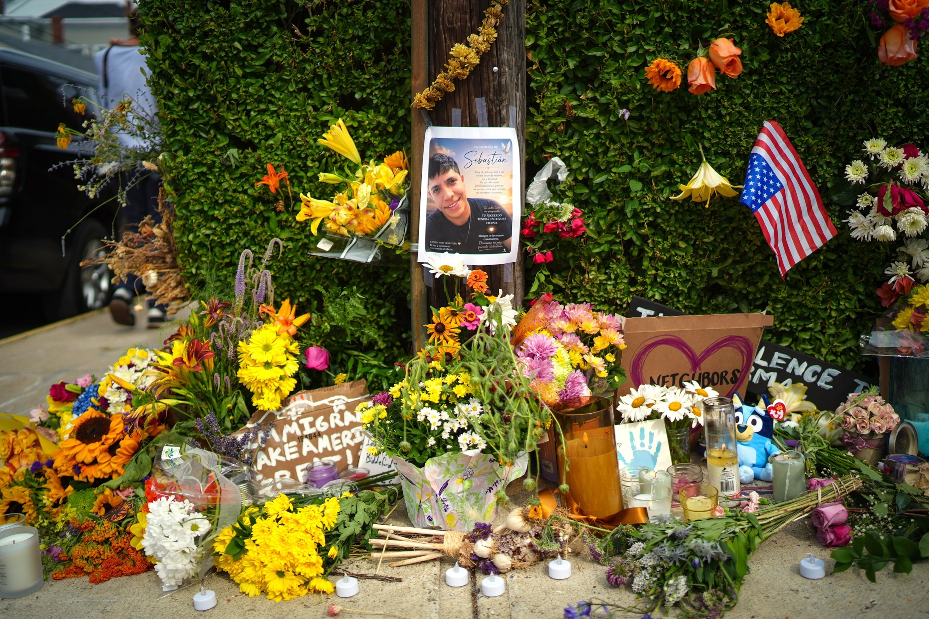 A makeshift memorial is seen a day after a man was fatally shot by U.S. Immigration and Customs Enforcement (ICE) agents, on July 14, 2026, in Biddeford, Maine. The victim has been identified as Johan Sebastian Guerrero, a 26-year-old man from Colombia.Ryan Murphy/Getty Images