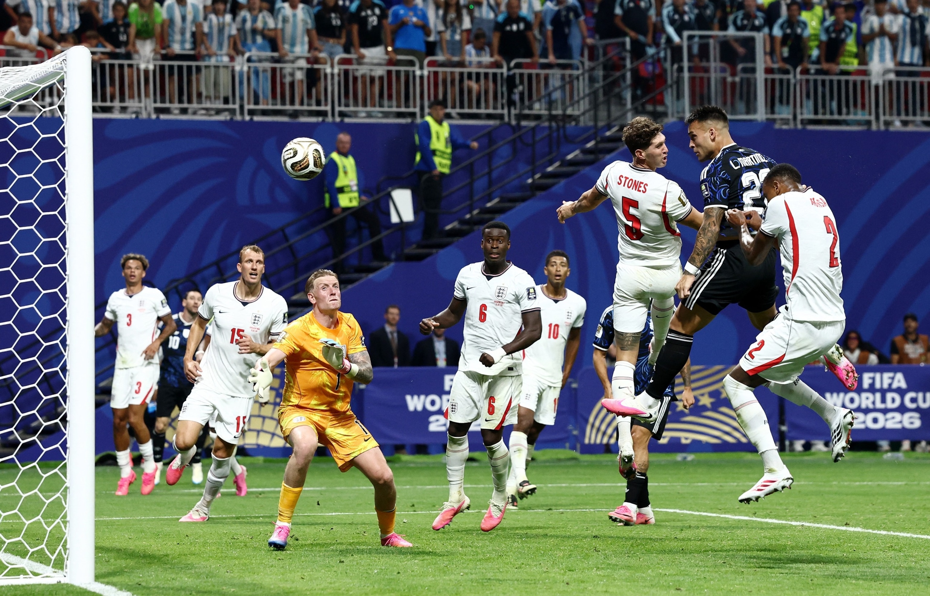 Argentina's Lautaro Martinez scores their second goal past England's goalkeeper Jordan Pickford during their FIFA World Cup 2026 semi-final match in Atlanta, July 15, 2026.Amanda Perobelli/Reuters