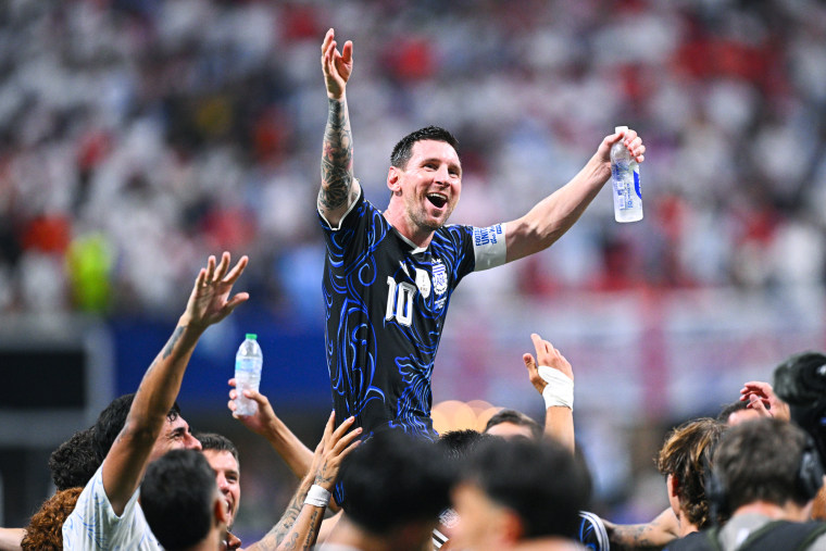 Lionel Messi celebrates his team’s victory over England during Wednesday’s World Cup semifinal.Tom Weller / dpa / picture alliance via Getty Images