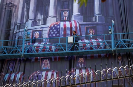 Images of Donald Trump and his family on top of US flag-draped coffins at Palestine Square in Tehran.Photograph: Abedin Taherkenareh/EPA