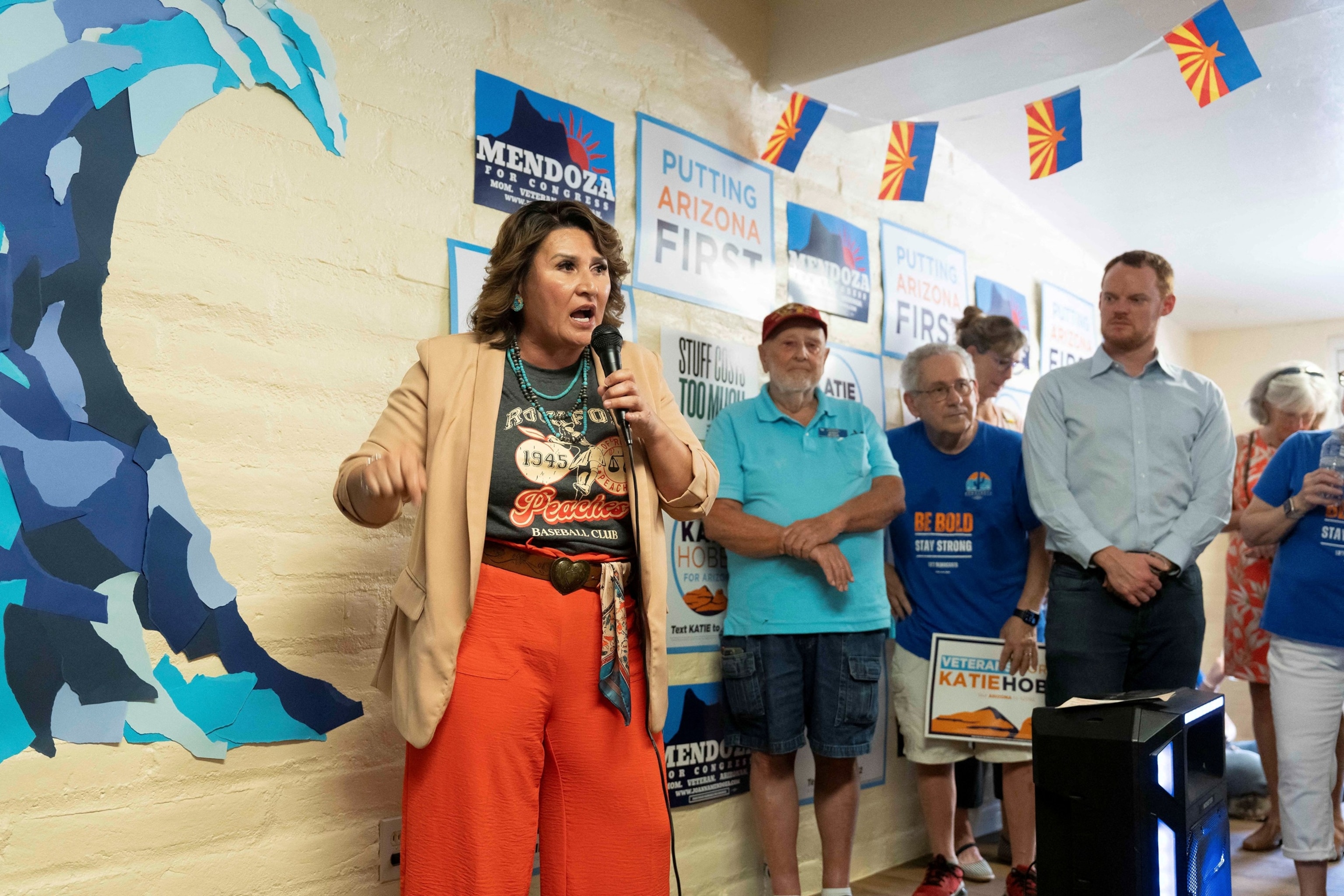 Democratic candidate for U.S. Congress in Arizona's 6th Congressional District JoAnna Mendoza speaks during the opening of Copper State Victory's first coordinated Democratic campaign office in Tucson, Arizona, on July 12, 2026.Rebecca Noble/Reuters