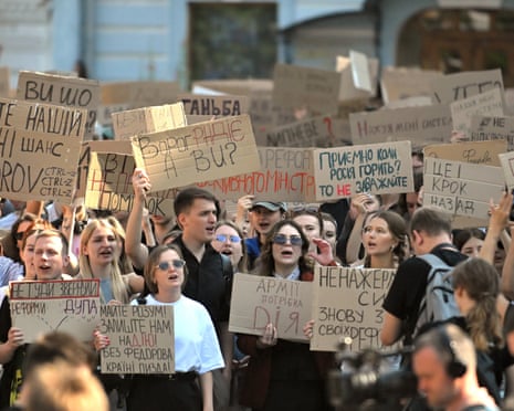Activists hold placards during a rally against the dismissal of Ukrainian defence minister Mykhailo Fedorov in Kyiv, Ukraine.Photograph: Ukrinform/Shutterstock