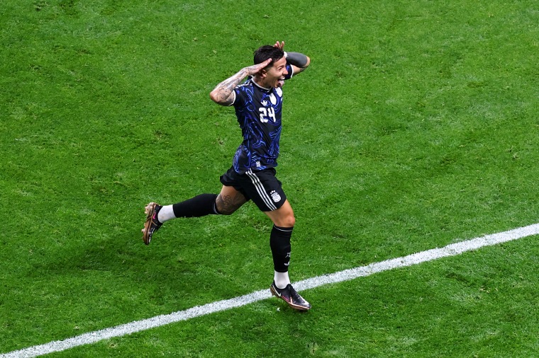Enzo Fernandez of Argentina celebrates scoring their first goal against England on July 15 in Atlanta.Robbie Jay Barratt - AMA / Getty Images