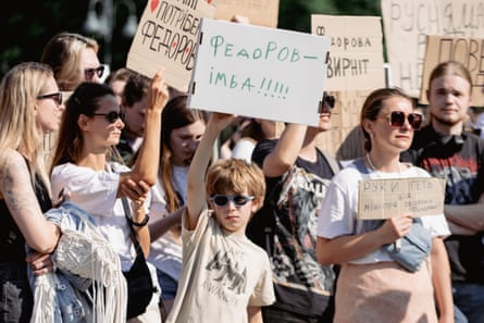 Protesters hold a rally in Lviv on Thursday in support of Ukraine’s sacked defence minister, Mykhailo Fedorov.Photograph: Global Images Ukraine/Getty Images