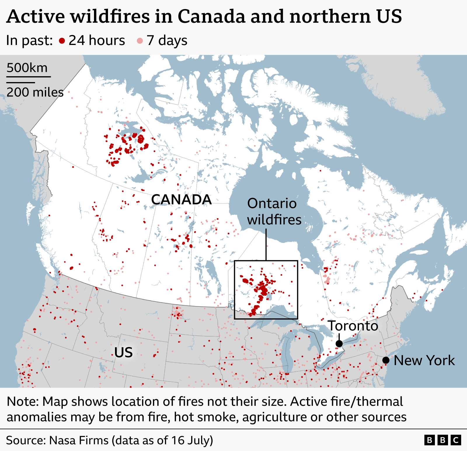 Image caption,A sea of red indicating wildfires from earlier this week