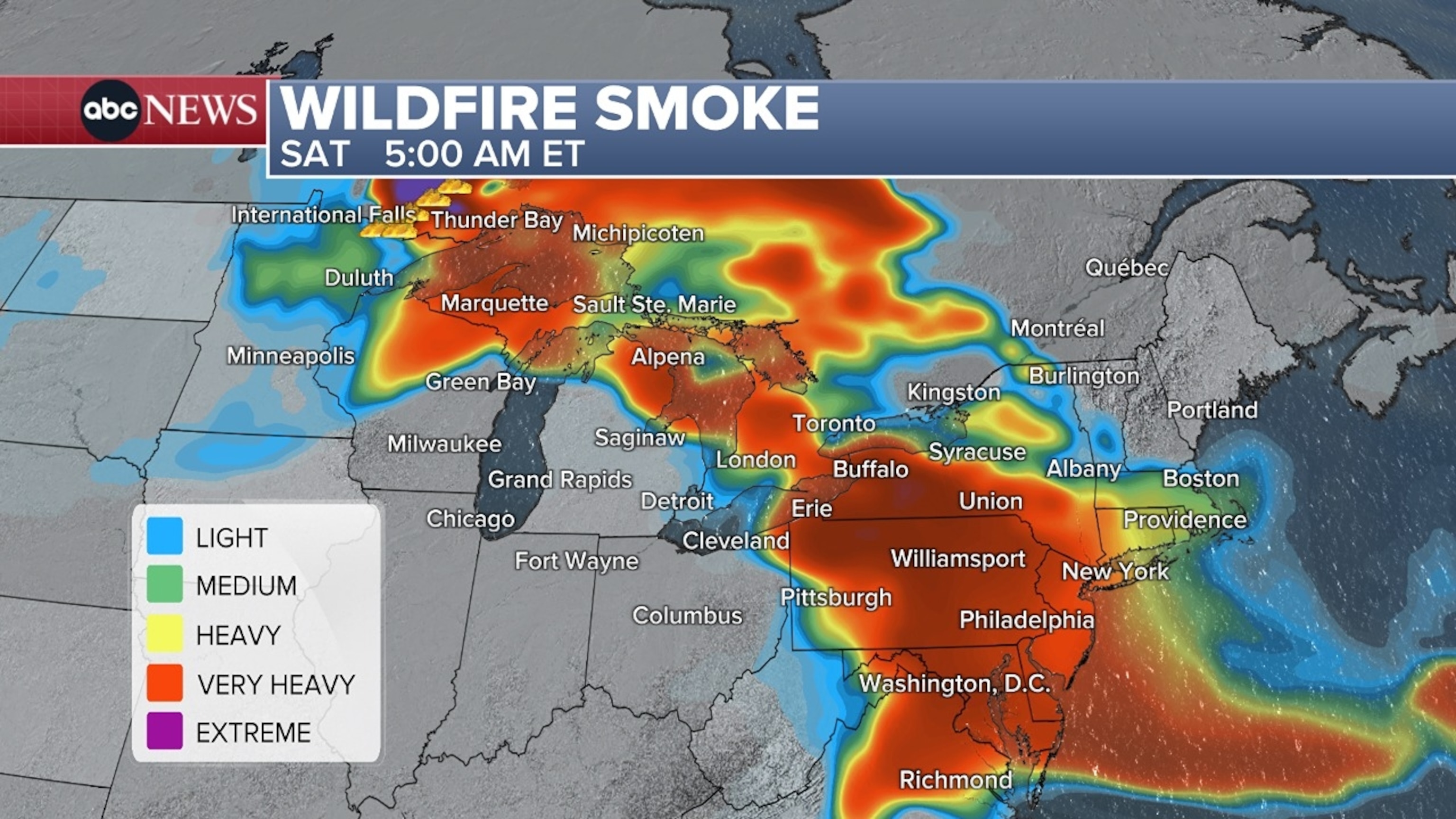 Possible wildfire smoke path from Canada in the United States on Saturday, July 18, 2026.ABC News