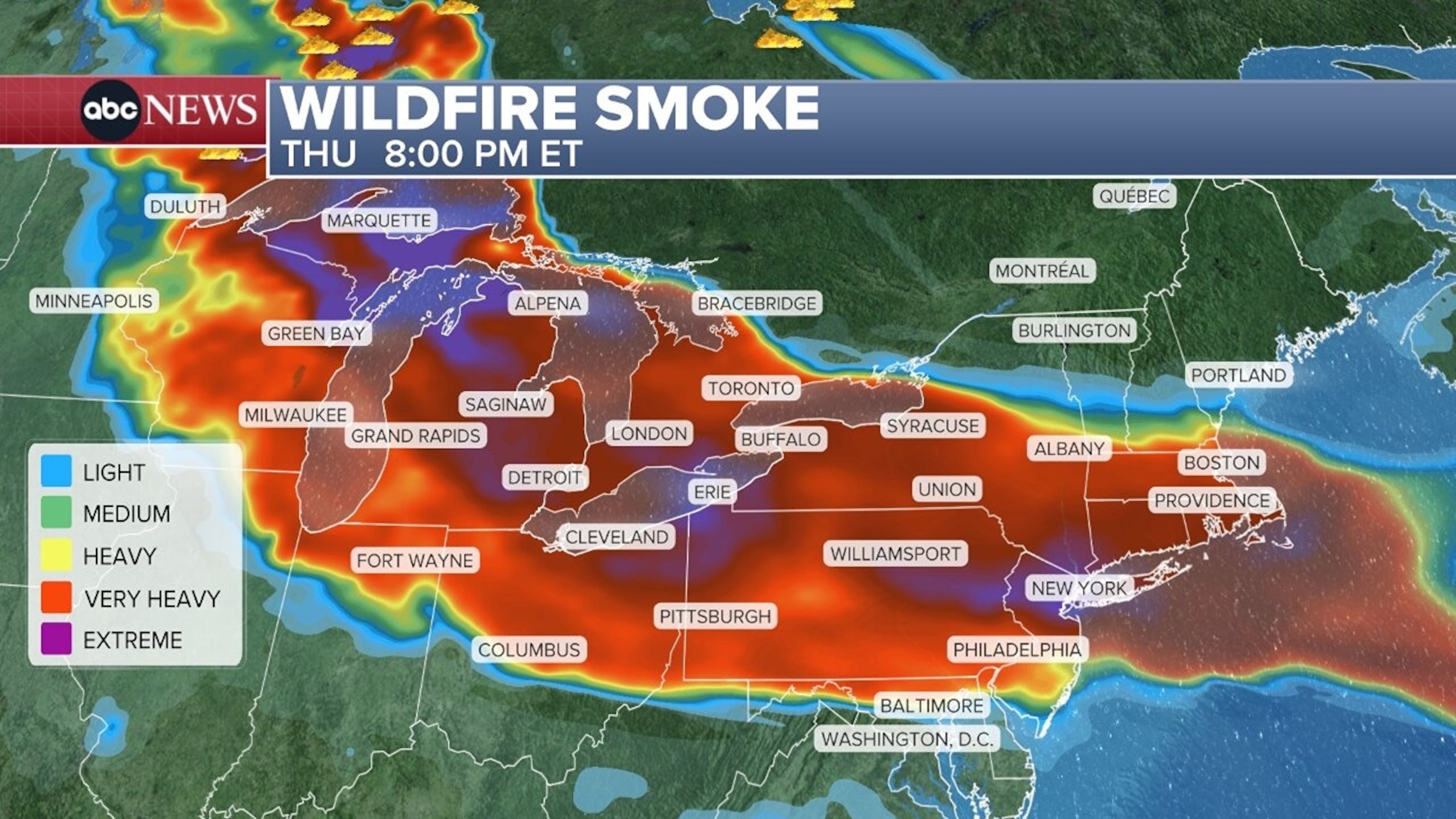 Areas under dangerous air quality alerts, July 16, 2026.ABC News