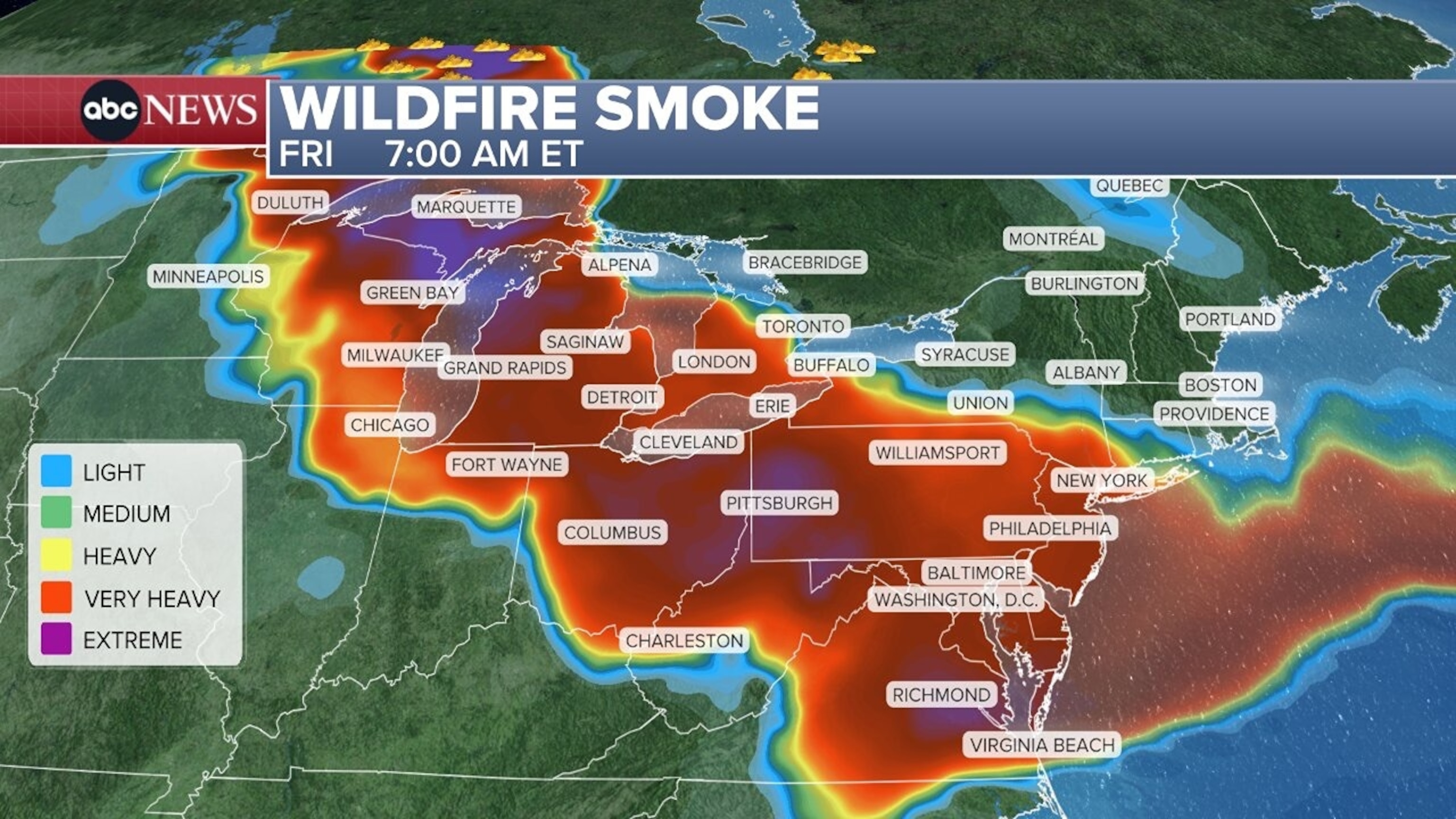 Path of Canadian wildfire smoke into the United States, July 16, 2026.ABC Nwws