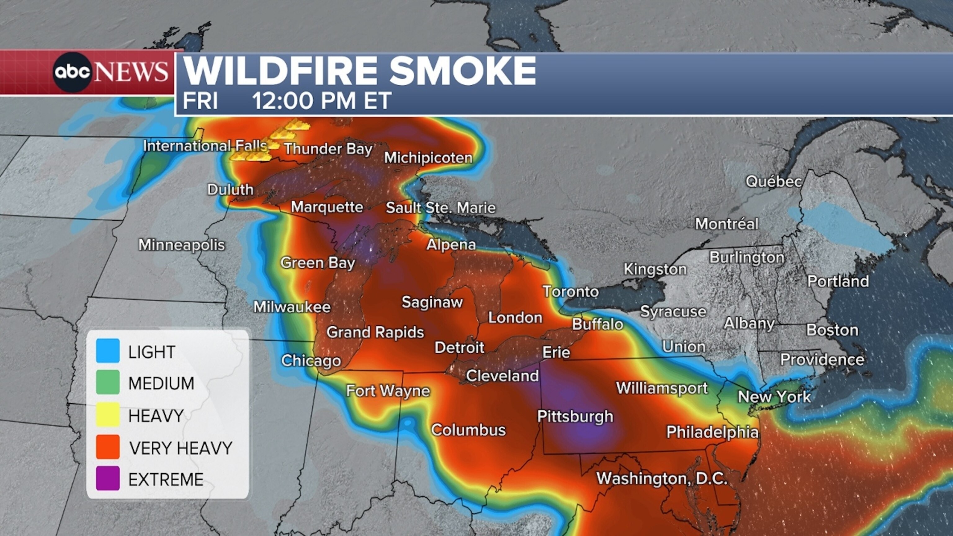 Expected path of Canadian wildfire smoke for Friday, July 17, 2026.ABC News