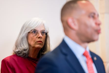 The Democratic representatives Katherine Clark and Hakeem Jeffries during a news conference at the US Capitol in Washington DC on 10 June.Photograph: Tierney L Cross/Bloomberg via Getty Images