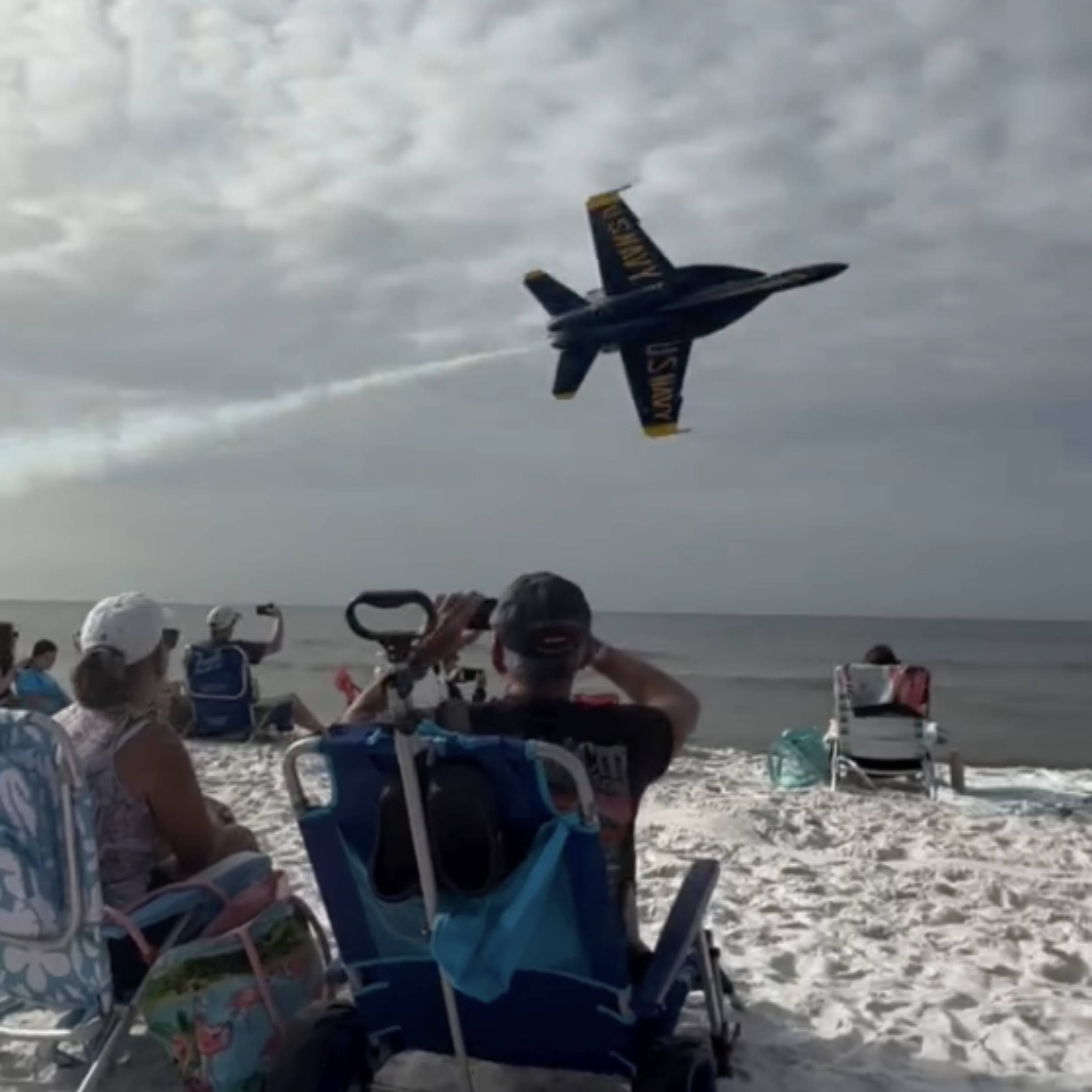 A still image from a video showing a flyover by a jet with the U.S. Navy's Blue Angels on July 15, 2026. Hayes Air Experts / FacebookHayes Air Experts / Facebook