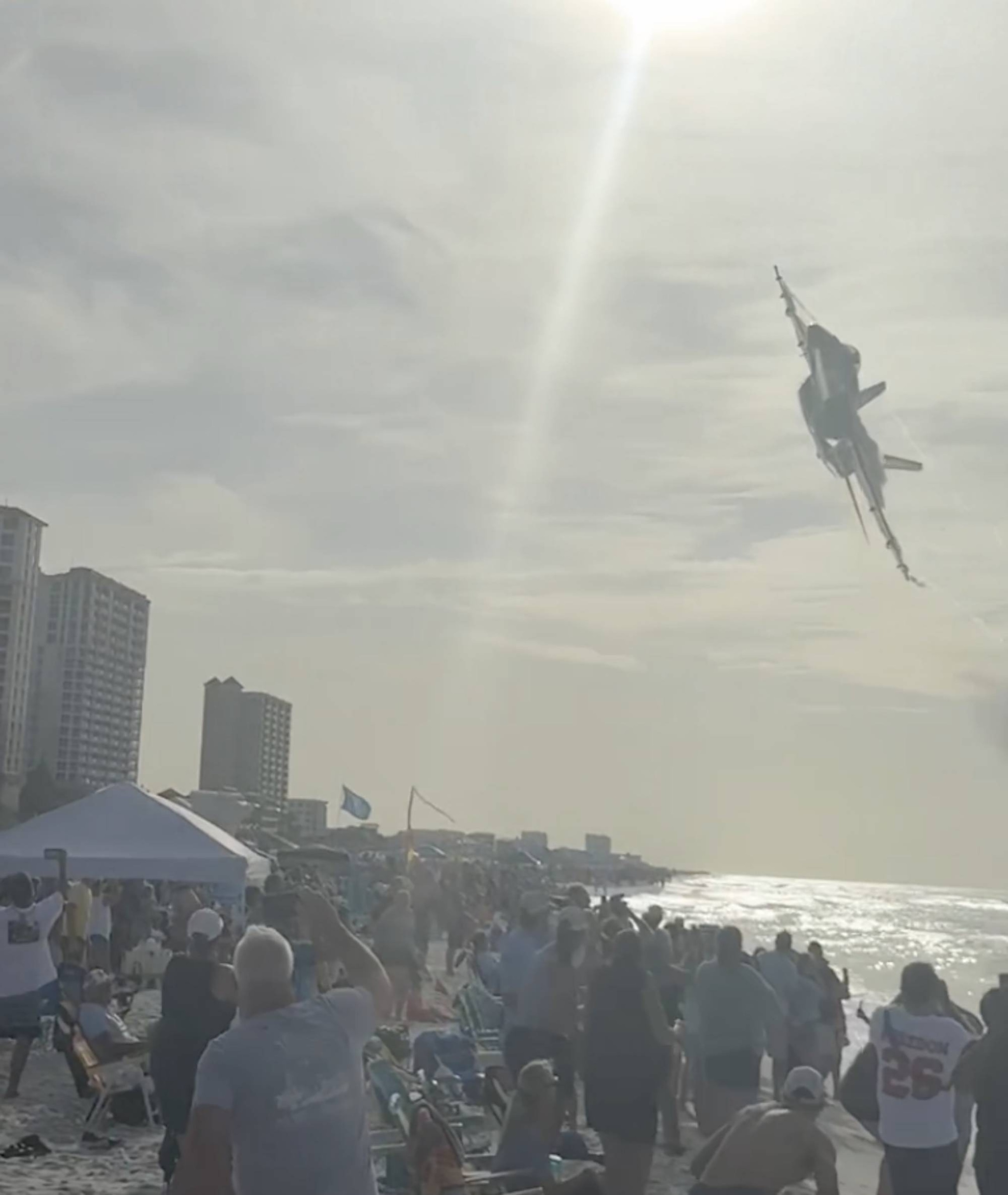 A still image from a video showing a flyover by a jet with the U.S. Navy's Blue Angels on July 15, 2026.Partridge Drones