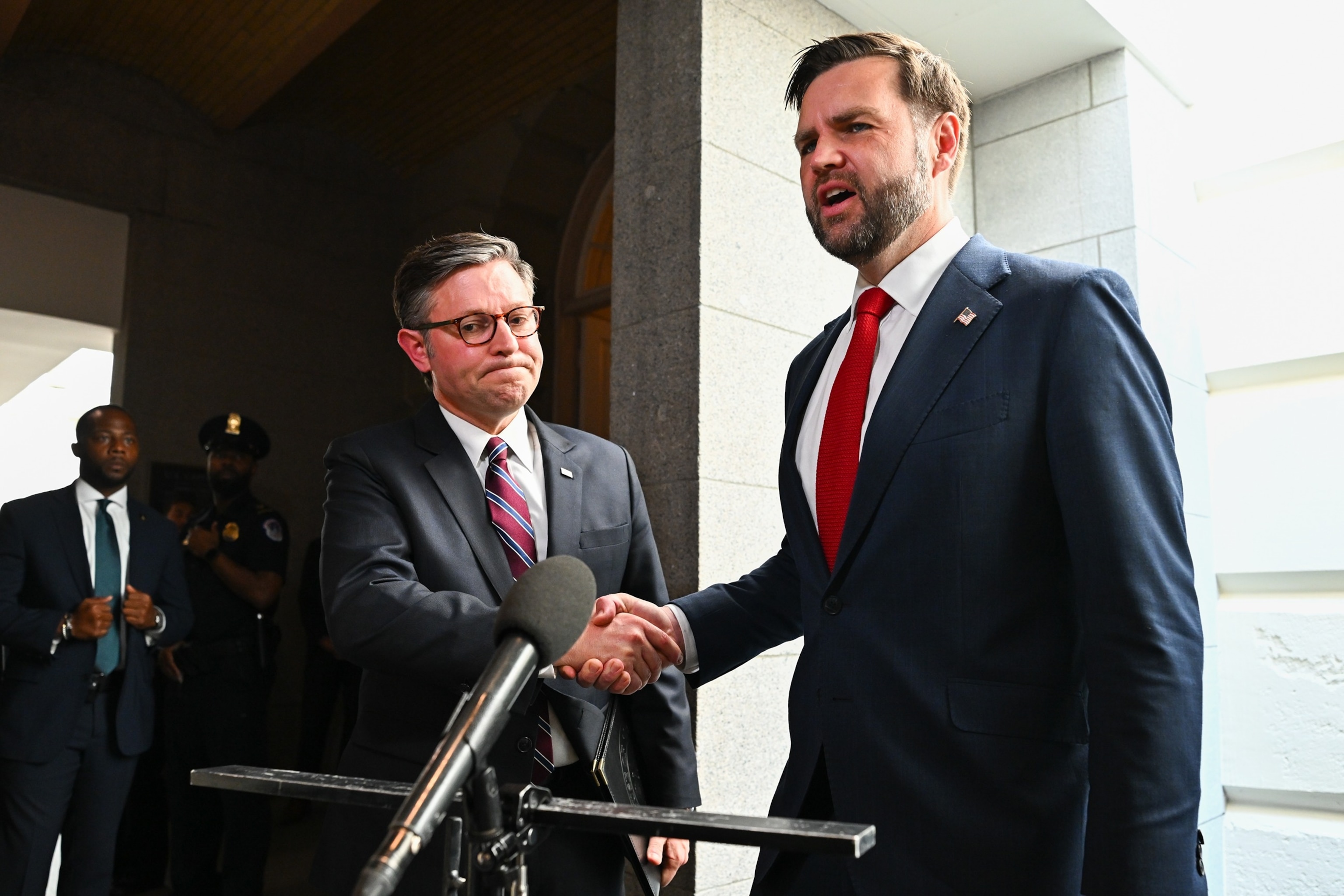 House Speaker Mike Johnson and Vice President JD Vance shake hands following a meeting with House Republicans at the US Capitol in Washington, July 15, 2026.Graeme Sloan/Bloomberg via Getty Images
