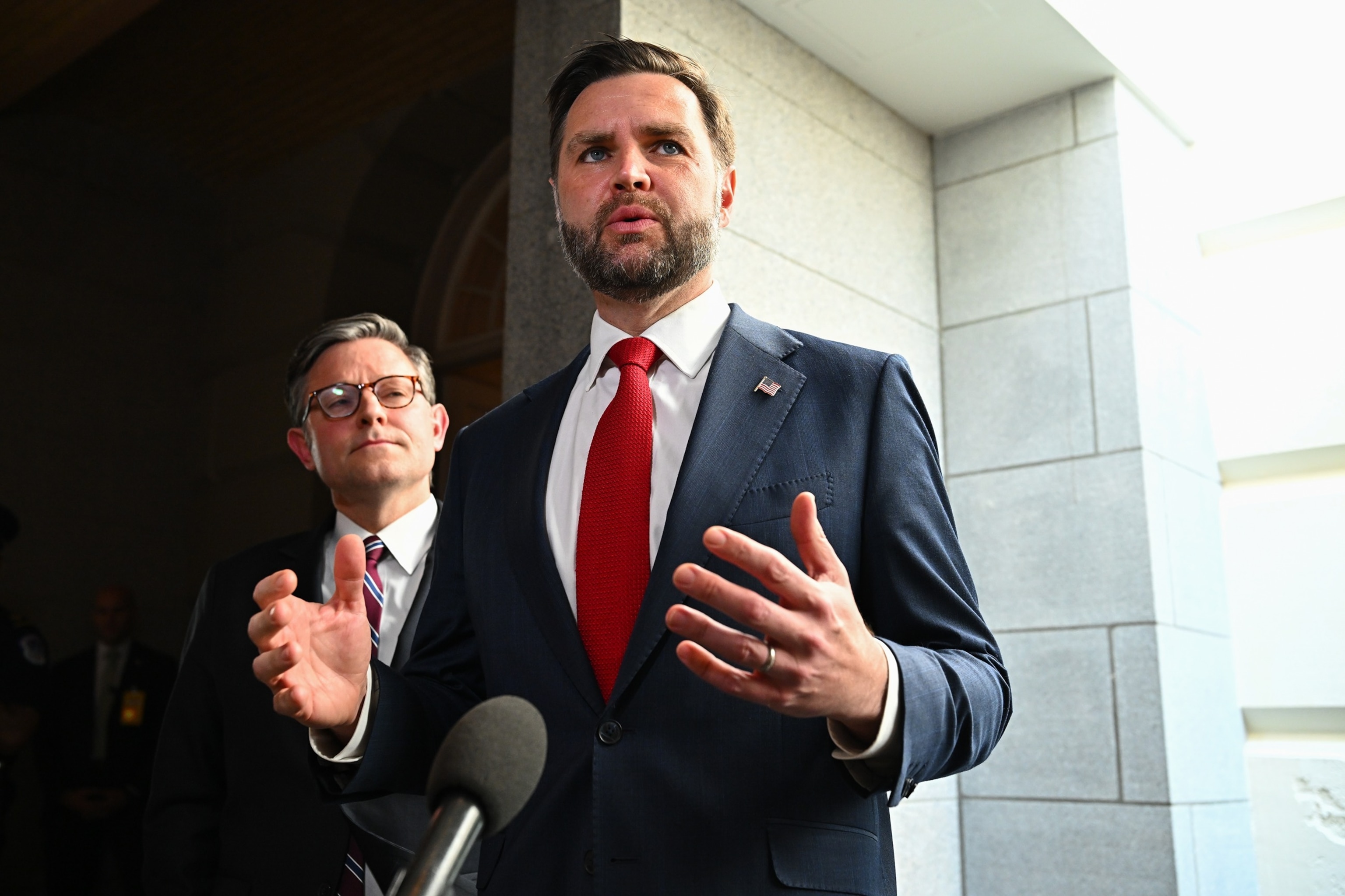 House Speaker Mike Johnson and Vice President JD Vance speak to members of the media following a meeting with House Republicans at the US Capitol in Washington, July 15, 2026.Graeme Sloan/Bloomberg via Getty Images