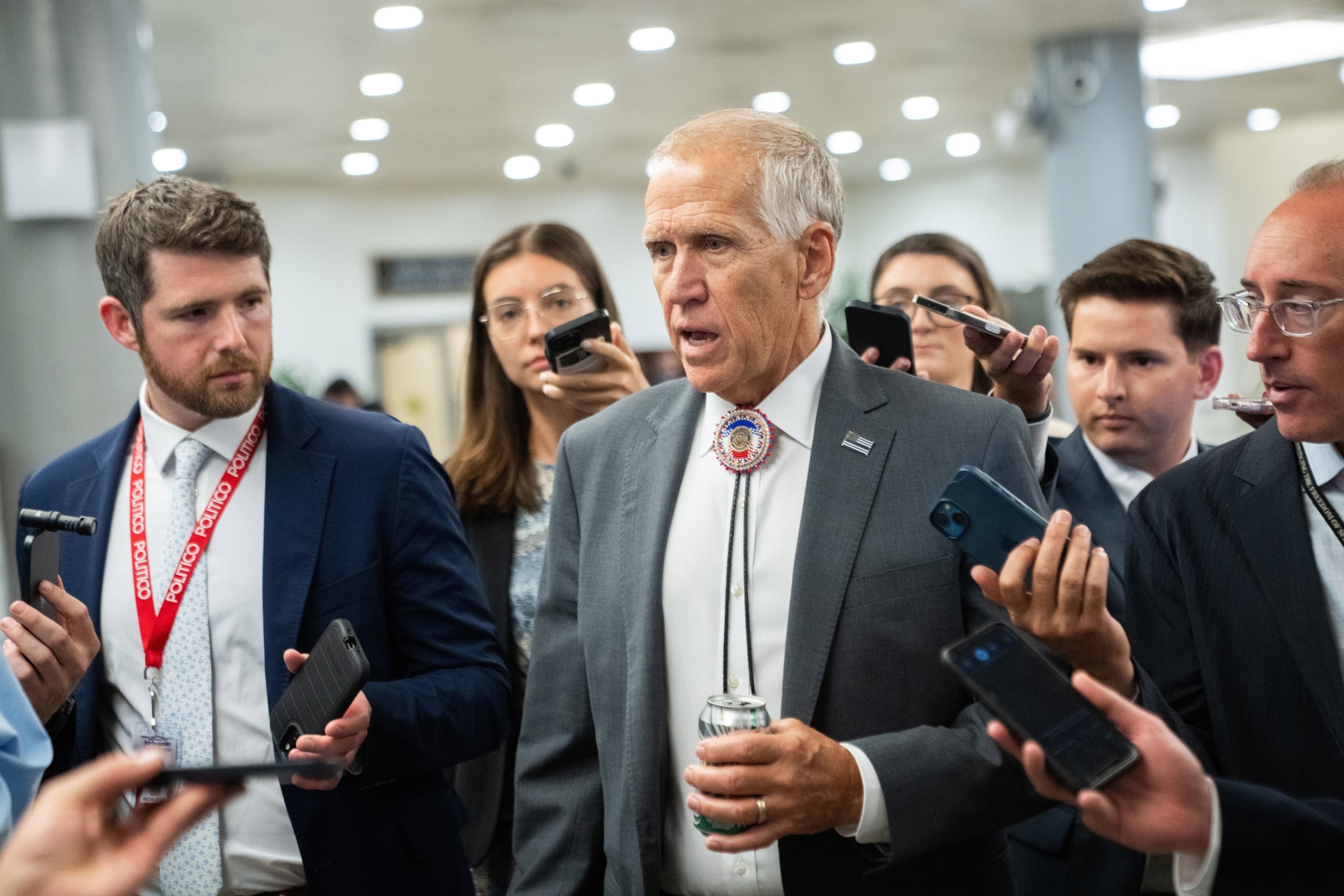 Sen. Thom Tillis talks with reporters at the Capitol during votes in Washington, D.C., on July 16, 2026.Allison Robbert/AP Photo