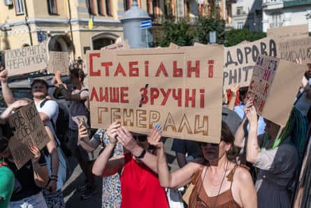 Protesters gathered in Kyiv on Thursday to demonstrate against the removal of Mykhailo Fedorov as the defence minister.Photograph: Viktor Fridshon/Global Images Ukraine/Getty Images