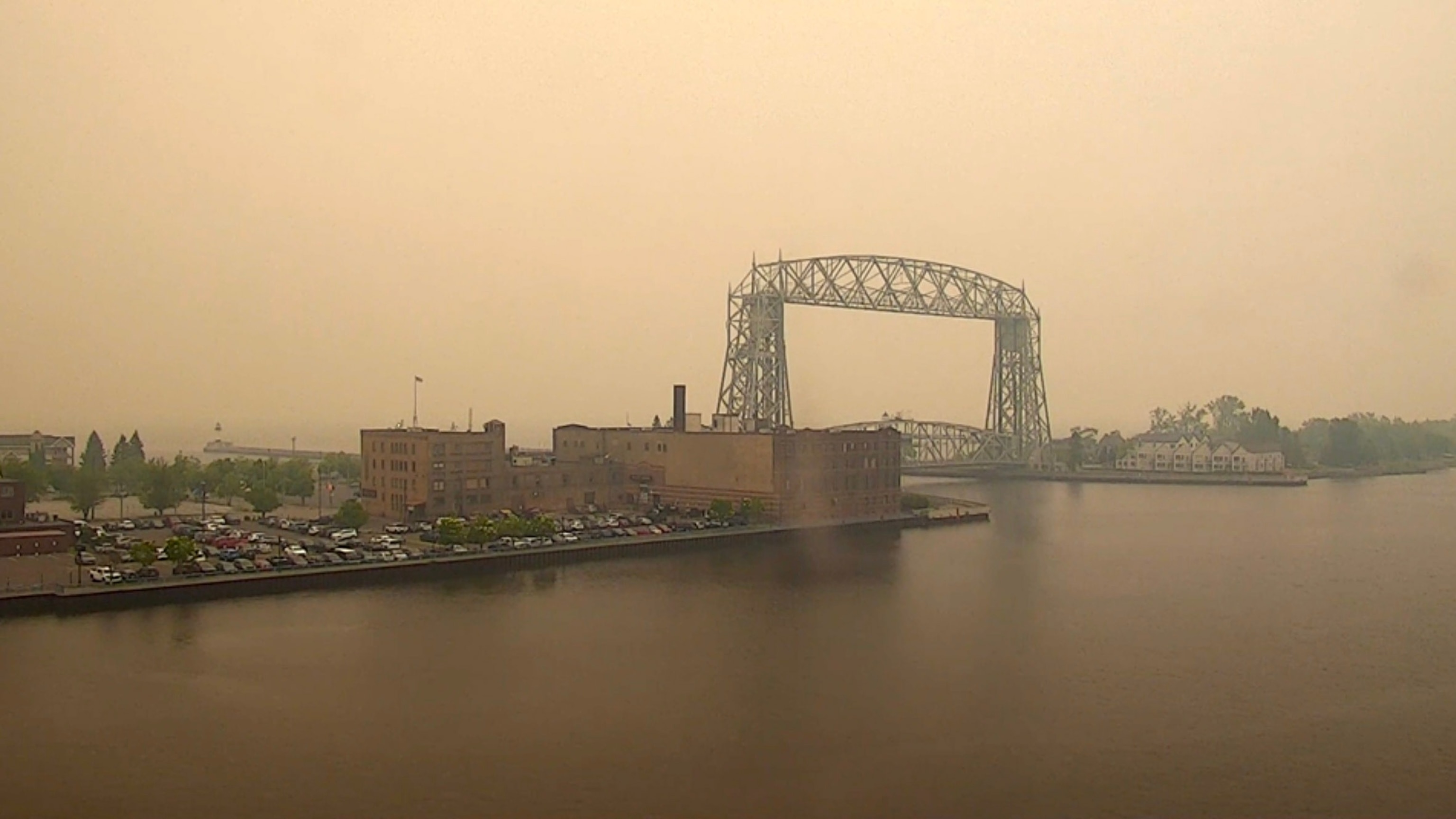 In this screen grab from a video, wildfire smoke is shown in Duluth, Minnesota, on July 15, 2026.WDIO