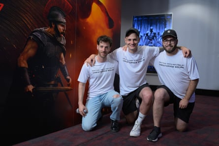 Friends Julian Jäger, Marco Garbely and Gilbert Oggier flew into London from Switzerland.Photograph: Christian Sinibaldi/The Guardian